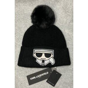 NEW Karl Lagerfeld Paris Women's Faux Fur Pom Pom Rhinestone Beanie Hat Black